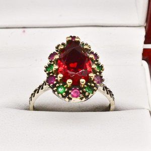 Vintage Womens Ruby & Emerald Ring 14kt Gold & 925 Silver Sz9